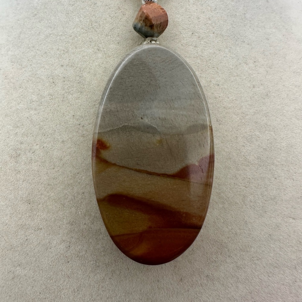 Polychrome Jasper Oval Mermaid Carving Pendant on Adjustable Rope with Silver - Picture 4 of 12